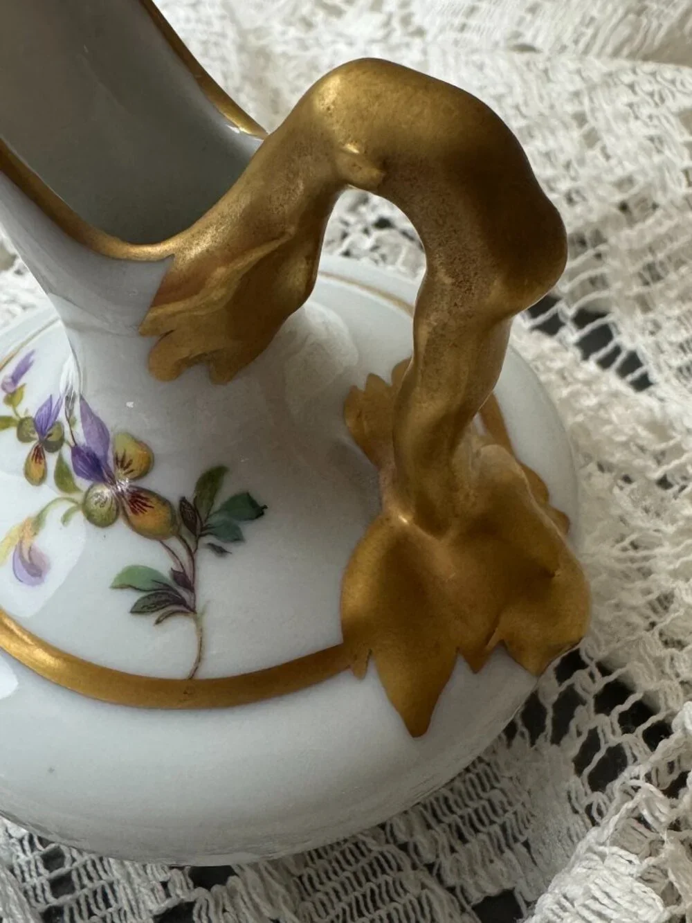 Vintage Limoges France Hand Painted 4” Porcelain Floral Ewer Pitcher Gold Gilt